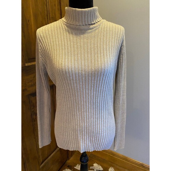Basic Edition Cream with Gold Threads Holiday Turtleneck Size Large Sweater - Picture 2 of 8